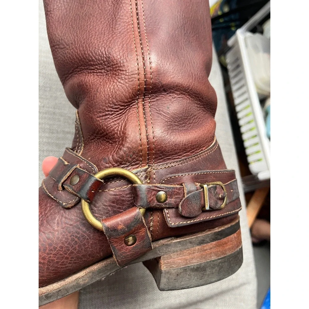 Frye Harness 12R Boots Mens 11 Brown Leather Biker Western Square Toe Distressed